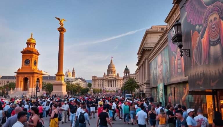 A vibrant cityscape teeming with artistic expression, where towering monuments and historic landmarks stand as testaments to the enduring spirit of creativity. Bustling streets filled with colorfully clad pedestrians, their movements and interactions a living canvas. Intricate murals and sculptures adorn the facades, casting warm hues across the scene. In the distance, majestic buildings rise, their architectural elegance a celebration of cultural heritage. The air is charged with a palpable energy, inviting exploration and discovery. A symphony of colors, textures, and narratives, where art and culture are woven into the very fabric of the city.
