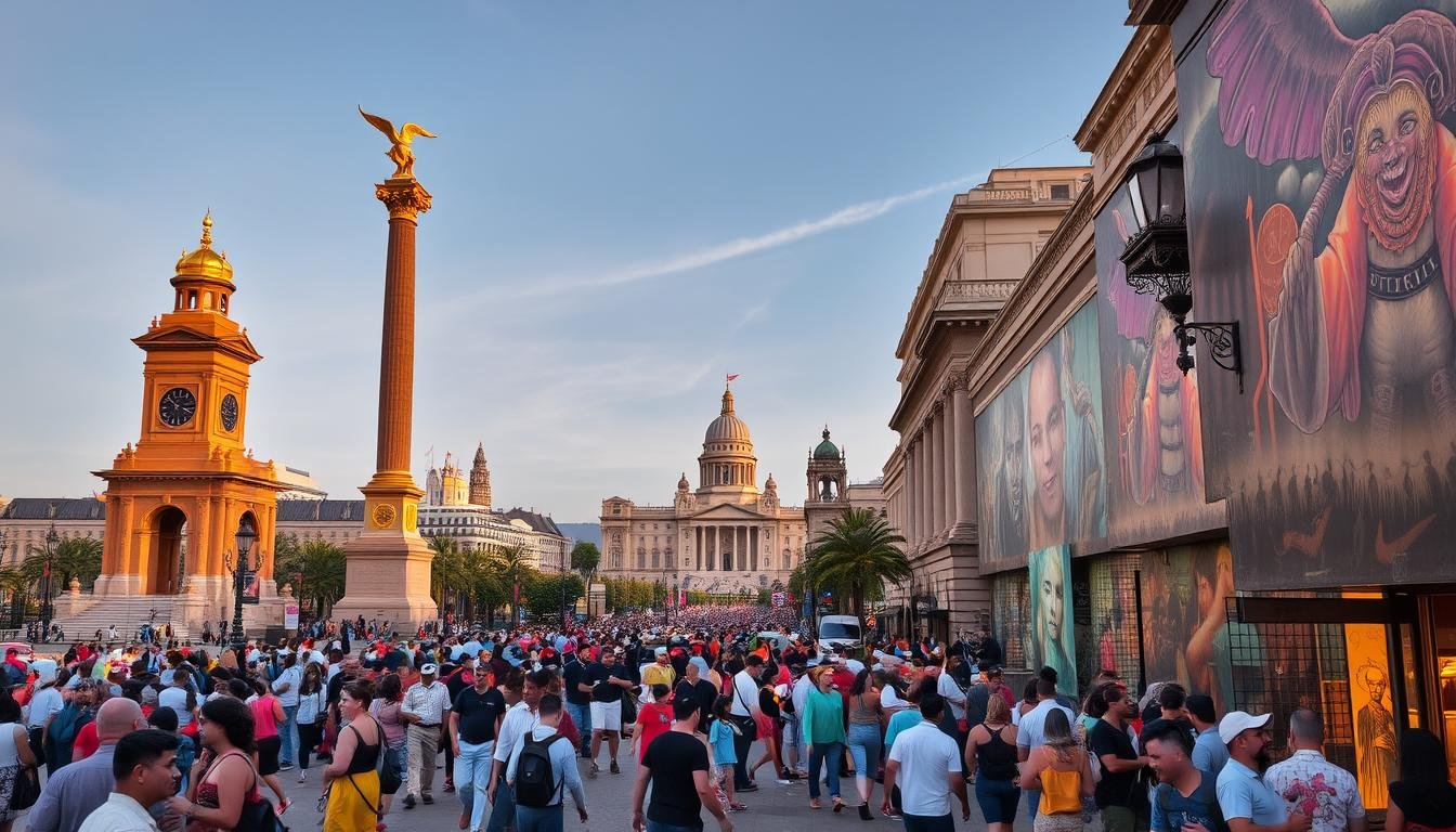 A vibrant cityscape teeming with artistic expression, where towering monuments and historic landmarks stand as testaments to the enduring spirit of creativity. Bustling streets filled with colorfully clad pedestrians, their movements and interactions a living canvas. Intricate murals and sculptures adorn the facades, casting warm hues across the scene. In the distance, majestic buildings rise, their architectural elegance a celebration of cultural heritage. The air is charged with a palpable energy, inviting exploration and discovery. A symphony of colors, textures, and narratives, where art and culture are woven into the very fabric of the city.