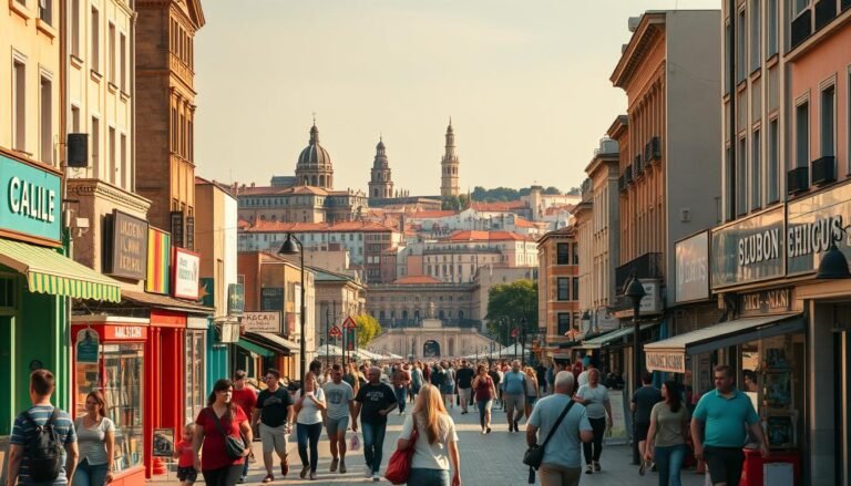 A vibrant cityscape with budget-friendly destinations, captured through a wide-angle lens. In the foreground, pedestrians stroll past colorful local shops, their casual attire reflecting a laidback vibe. In the middle ground, iconic landmarks such as historic monuments and town squares beckon, their distinct architectural styles hinting at the diverse cultural heritage. The background is filled with a mix of modern and traditional buildings, their muted hues complementing the overall color palette. Warm natural lighting casts a golden glow, creating a welcoming, inviting atmosphere that encourages exploration and discovery on a budget.