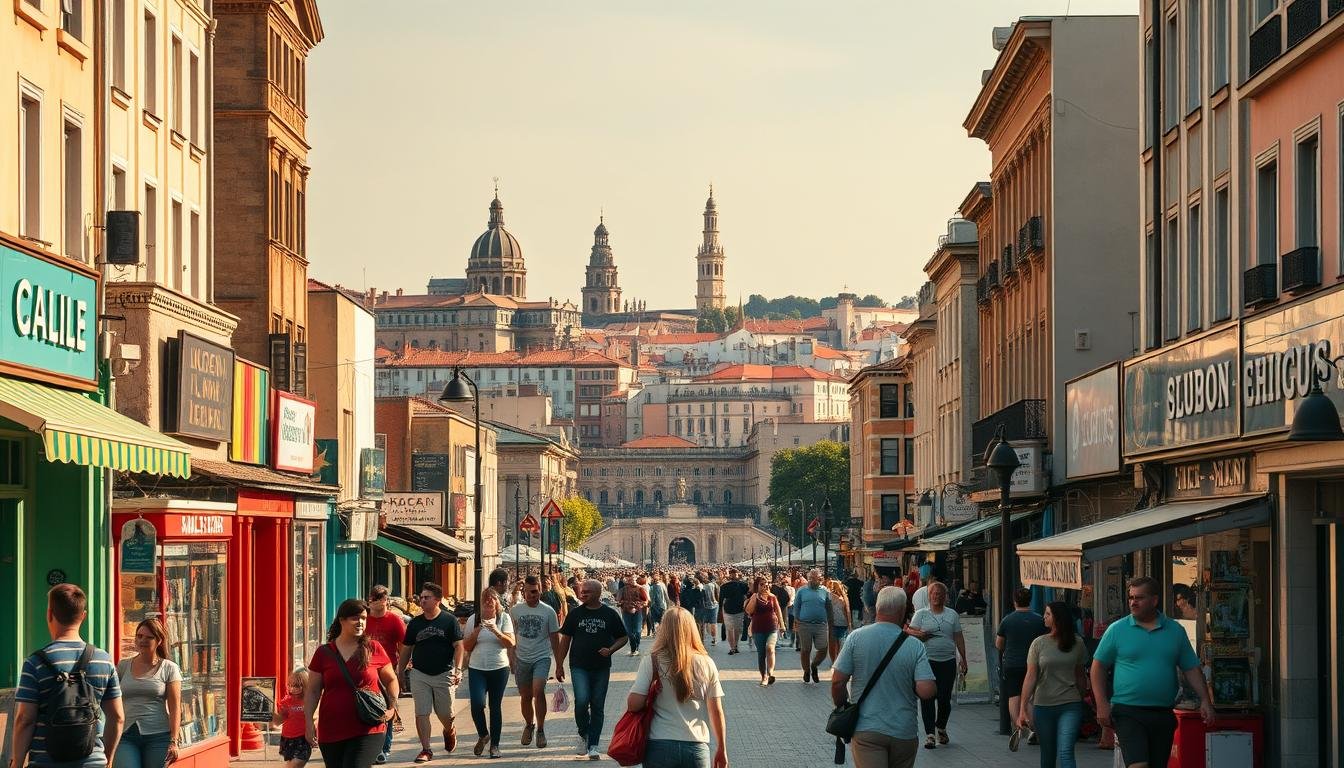 A vibrant cityscape with budget-friendly destinations, captured through a wide-angle lens. In the foreground, pedestrians stroll past colorful local shops, their casual attire reflecting a laidback vibe. In the middle ground, iconic landmarks such as historic monuments and town squares beckon, their distinct architectural styles hinting at the diverse cultural heritage. The background is filled with a mix of modern and traditional buildings, their muted hues complementing the overall color palette. Warm natural lighting casts a golden glow, creating a welcoming, inviting atmosphere that encourages exploration and discovery on a budget.