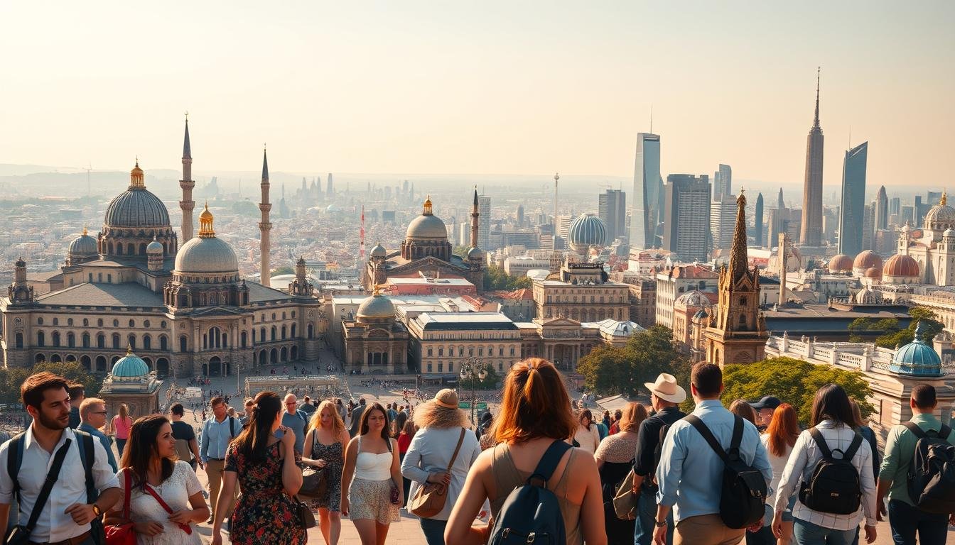 A vibrant cityscape with iconic landmarks from around the world, capturing the essence of global travel. In the foreground, diverse travelers in stylish attire explore bustling streets, pausing to gaze up at towering monuments. The middle ground showcases a breathtaking mix of architectural styles, from the grand domes of a Middle Eastern palace to the sleek skyscrapers of a modern metropolis. In the background, a panoramic vista reveals the curvature of the Earth, hinting at the endless possibilities that await the intrepid explorer. Warm, golden lighting casts a sense of wonder and discovery, inviting the viewer to embark on a journey of cultural immersion and personal growth.