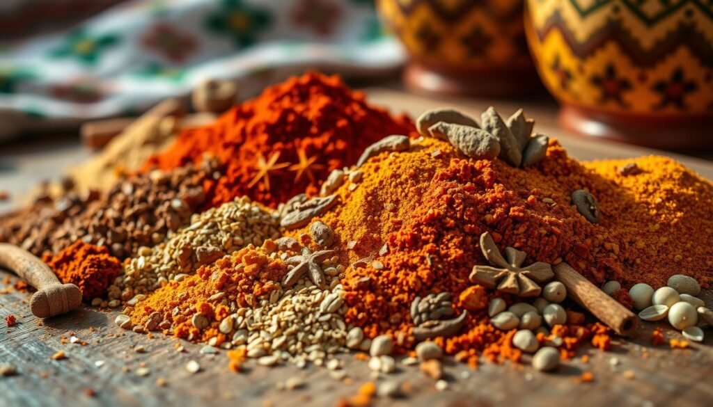 A vibrant, close-up still life of a traditional Moroccan spice blend. Featuring an assortment of whole and ground spices, such as cumin, coriander, paprika, cinnamon, turmeric, and caraway, neatly arranged on a rustic wooden surface. The spices are illuminated by warm, natural lighting, casting soft shadows and highlighting their rich, earthy hues. In the background, glimpses of traditional Moroccan textiles or pottery create a cultural context. The composition is balanced and visually appealing, conveying the essence of the essential ingredients that define the bold, fragrant flavors of Moroccan cuisine.
