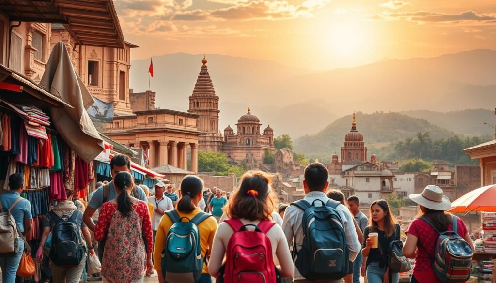 A vibrant collage of budget travel destinations, captured through the lens of an adventurous photographer. In the foreground, a group of backpackers explore a bustling local market, immersed in the vibrant colors and textures of traditional clothing. The middle ground showcases iconic landmarks, from the towering ruins of ancient monuments to the serene landscapes of quaint villages. In the background, a warm, golden-hour glow bathes the scene, creating a sense of wanderlust and discovery. The overall atmosphere evokes the thrill of planning a budget-friendly getaway, where every moment is an opportunity to stretch your dollar and experience the world's hidden gems.