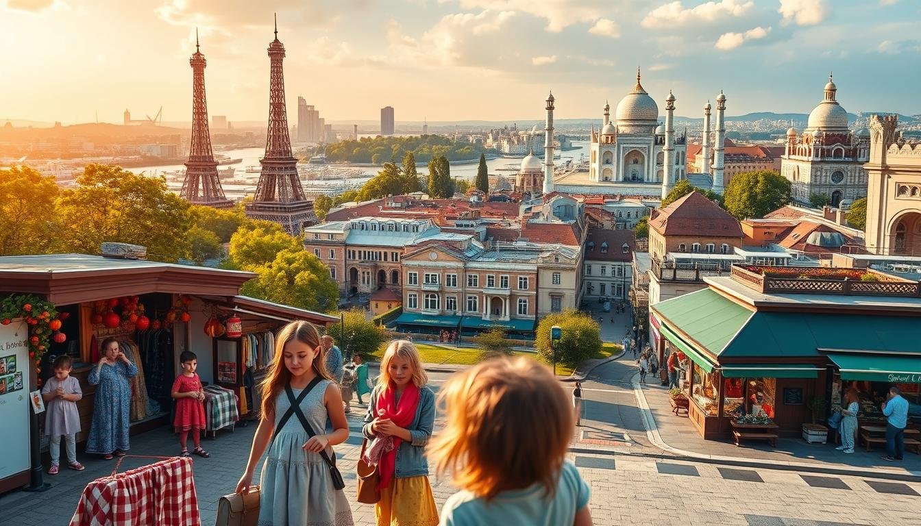 A vibrant, colorful cityscape showcasing the world's most captivating travel destinations for families. In the foreground, children explore whimsical local shops, trying on traditional clothing and sampling delectable street food. In the middle ground, iconic landmarks like the Eiffel Tower, Big Ben, and the Taj Mahal stand tall, their grandeur inspiring awe. The background features a panoramic view of bustling city streets, with lush parks, charming cafes, and bustling markets. Warm, golden sunlight bathes the scene, creating a welcoming, family-friendly atmosphere. The overall composition conveys a sense of adventure, exploration, and the thrill of discovering new cultures together.