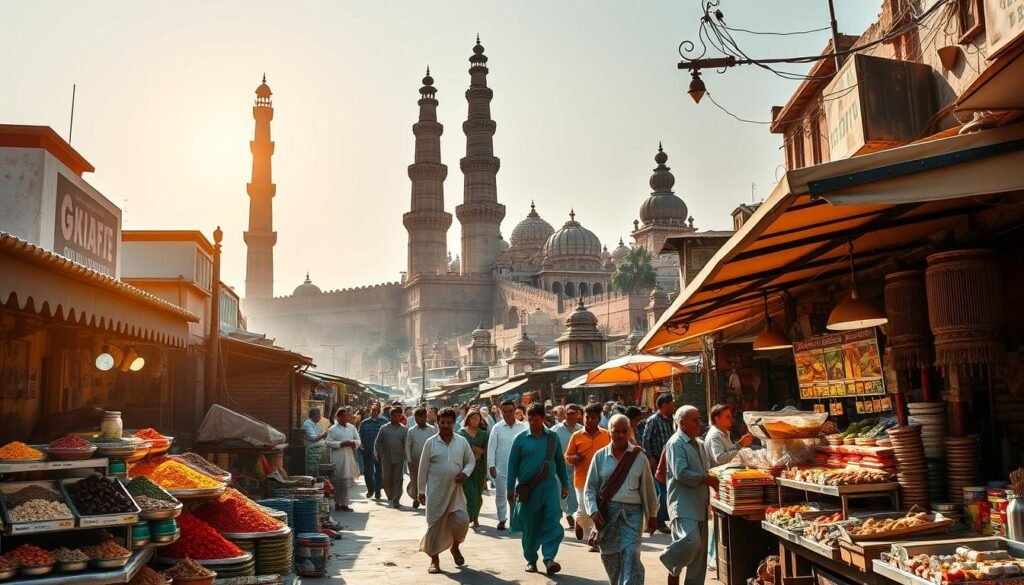 A vibrant culinary odyssey unfolds before us - a bustling street market in a vibrant, sun-dappled city. In the foreground, a colorful array of exotic spices, sizzling street food stalls, and jovial vendors beckon. Towering monuments and ancient architectural marvels loom in the background, casting a timeless aura over the scene. Locals in traditional garb navigate the lively thoroughfare, immersed in the rhythmic pulse of this unique, off-the-beaten-path culinary adventure. The scene is suffused with a warm, golden light, evoking an atmosphere of discovery, wonder, and the rich tapestry of cultural traditions. This image captures the essence of an extraordinary gastronomic journey that ventures beyond the ordinary.