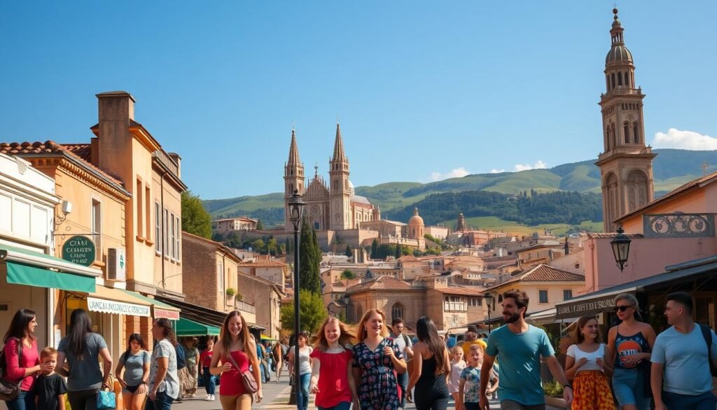 A vibrant, family-friendly landscape with bustling streets, towering monuments, and joyful children exploring their surroundings. In the foreground, groups of parents and kids stroll past quaint storefronts, their laughter and chatter filling the air. In the middle ground, iconic landmarks like grand cathedrals and historical buildings stand proud, bathed in warm, golden light. The background features lush greenery, rolling hills, and a cloudless azure sky, creating a sense of tranquility and adventure. The overall scene evokes a mood of discovery, wonder, and quality time shared among loved ones, perfectly capturing the essence of a family-friendly destination.