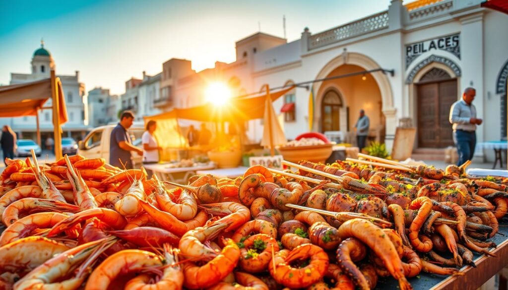 A vibrant feast of Moroccan seafood specialties, captured in a warmly lit, sun-drenched scene. In the foreground, a bountiful spread of sizzling grilled prawns, succulent octopus tagine, and fragrant fish skewers seasoned with aromatic spices. In the middle ground, a lively market stall showcases the day's fresh catch, with weathered fishermen arranging their glistening wares. In the background, the iconic architecture of a Moroccan coastal town frames the scene, its dazzling white walls and intricate tile work bathed in the golden glow of the setting sun. The overall atmosphere evokes the rich maritime traditions and vibrant flavors of Morocco's seafaring heritage.