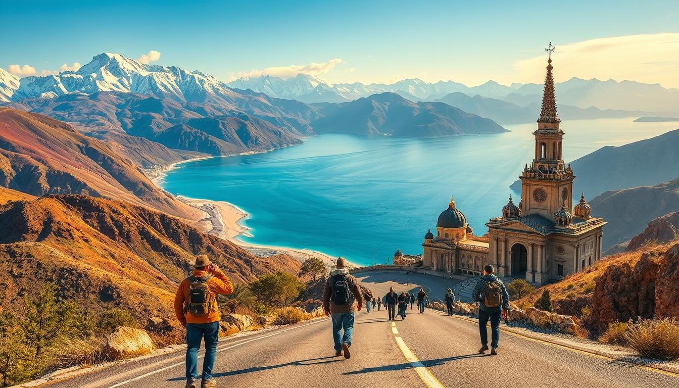 A vibrant mosaic of the world's most captivating travel destinations. Sweeping landscapes painted in breathtaking hues, from the towering peaks of snow-capped mountains to the tranquil shores of crystalline beaches. Iconic landmarks stand tall, their timeless architecture a testament to the rich cultural tapestry of the globe. Adventurous explorers, clad in their finest, traverse the winding roads, cameras in hand, capturing the essence of each extraordinary locale. Warm sunlight bathes the scene, illuminating the diverse array of colors, textures, and experiences that await the intrepid traveler. A harmonious blend of natural wonder and human ingenuity, inviting the viewer to embark on a journey of discovery.