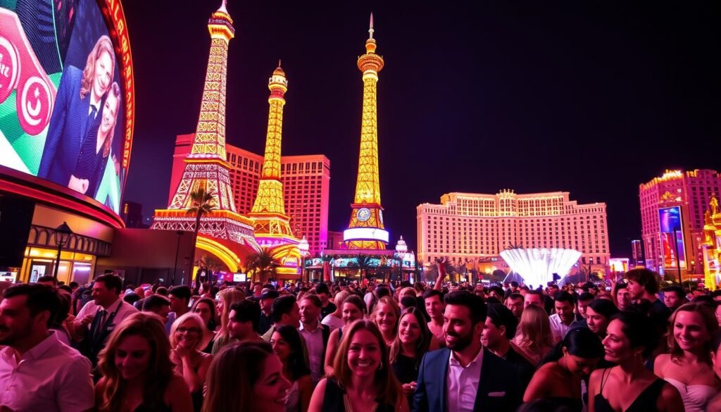 A vibrant, neon-lit nightscape of Las Vegas, capturing the essence of the "Entertainment Capital of the World." In the foreground, a bustling crowd of revelers dressed in stylish attire, their laughter and excitement palpable. The iconic landmarks of the Strip, such as the towering Eiffel Tower replica and the glittering fountains of the Bellagio, serve as a magnificent backdrop, illuminated by a warm, golden glow. The scene is infused with a sense of energy and anticipation, inviting the viewer to immerse themselves in the exhilarating nightlife of this legendary city.