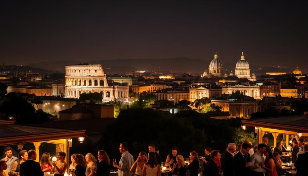 A vibrant nightscape of Rome, the Eternal City, unfolds before us. In the foreground, stylishly dressed locals and tourists mingle at bustling outdoor cafes, sipping aperitifs and savoring the lively atmosphere. The middle ground is dominated by the majestic silhouettes of iconic landmarks, such as the Colosseum and the Pantheon, illuminated by warm, golden lighting. In the background, the city's skyline is punctuated by the domes and spires of historic churches, creating a breathtaking panorama. The overall mood is one of enchantment, as the city's ancient grandeur blends seamlessly with the energy and excitement of its nightlife.