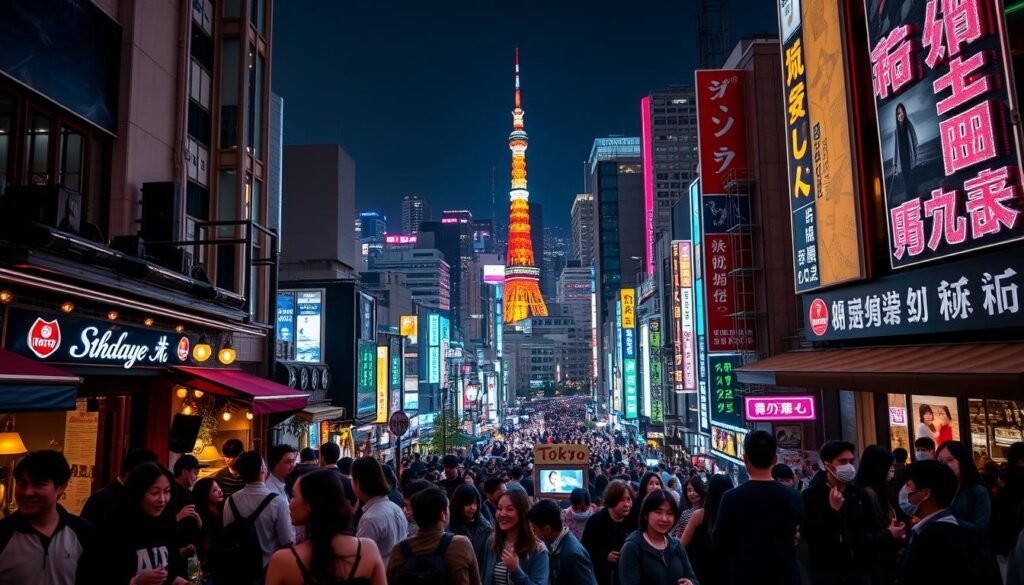A vibrant nightscape of Tokyo's bustling streets, neon-lit skyscrapers casting a mesmerizing glow over the crowd. In the foreground, people spill out of lively izakayas and karaoke bars, their laughter and chatter filling the air. The middle ground features iconic landmarks like the Tokyo Tower and Shibuya Crossing, the latter teeming with fashionable locals and tourists. In the background, the city skyline stretches out, a tapestry of illuminated high-rises and bustling thoroughfares. The scene is bathed in a warm, saturated palette, with pops of electric blues, pinks, and greens from the neon signs. The overall atmosphere conveys the energy, dynamism, and vibrant nightlife culture that Tokyo is renowned for.