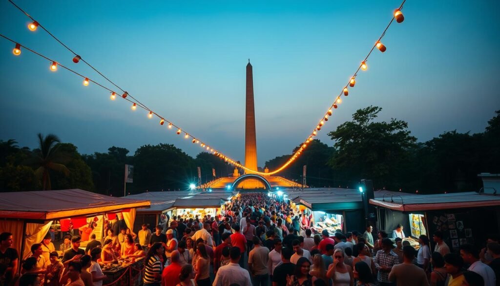 A vibrant outdoor festival, bustling with life and color. In the foreground, a crowd of revelers in colorful clothing, dancing and enjoying live music on a lively stage. In the middle ground, an array of food stalls and craft vendors, their wares displayed under the warm glow of string lights. In the background, a towering monument or landmark, its imposing presence juxtaposed against the festive atmosphere. The scene is bathed in a golden, golden-hour light, creating a mood of celebration and community. A wide-angle lens captures the energy and scale of the event, inviting the viewer to immerse themselves in the unique off-the-beaten-path experience.