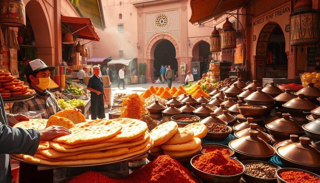 A vibrant outdoor market in Marrakech, Morocco, with an abundance of colorful spices, vegetables, and tagine dishes. In the foreground, a vendor skillfully arranges freshly baked flatbreads and pastries, their golden crusts glistening in the warm, hazy sunlight. The middle ground features stalls overflowing with pyramids of spices, their rich aromas mingling with the scent of sizzling meats and simmering stews. In the background, the iconic architecture of the old medina, with its ornate doorways and intricate tilework, creates a captivating backdrop. The overall atmosphere is one of lively activity, cultural richness, and the tempting allure of Moroccan culinary delights.