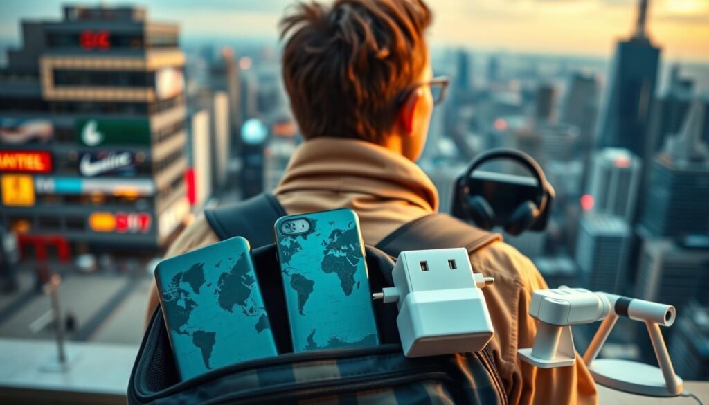 A vibrant panorama of travel hacks unfolds before us. In the foreground, a tech-savvy tourist packs their essentials - sleek portable chargers, a world map-patterned power bank, and a compact multi-device adapter. Amid the bustling city backdrop, a range of helpful accessories come into view: noise-cancelling headphones, a foldable stand for mobile devices, and a universal adapter that seamlessly connects to various power outlets. Soft, warm lighting illuminates the scene, evoking a cozy, adventurous atmosphere. The composition captures the perfect balance of practicality and style, showcasing the clever solutions that empower travelers to stay connected and organized on the go.