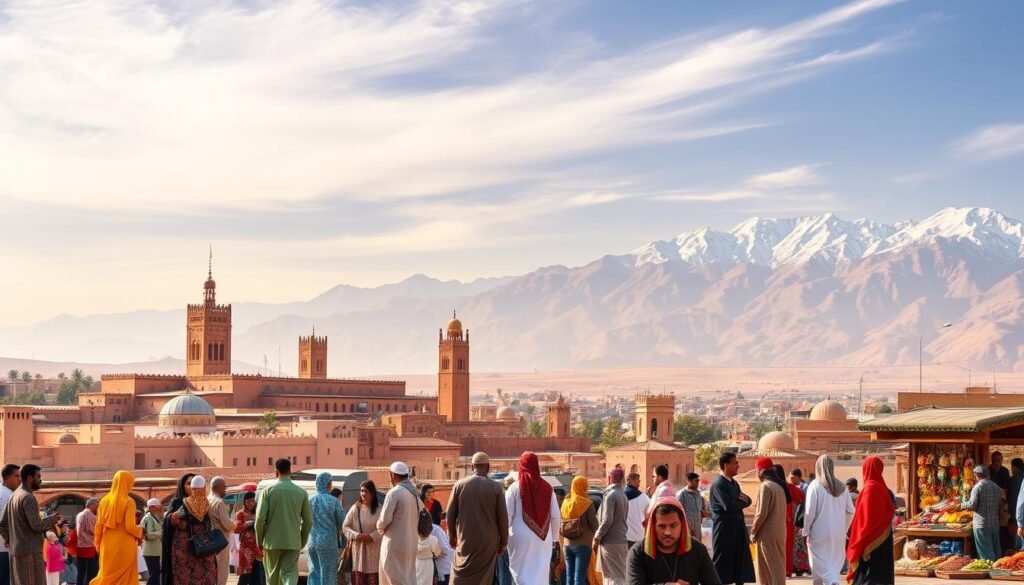 A vibrant panoramic landscape showcasing the diverse regions of Morocco. In the foreground, a group of locals adorned in traditional garments - flowing caftans, embroidered djellabas, and ornate turbans - engage in lively market activities, surrounded by an array of colorful wares and spices. The middle ground features iconic Moroccan architecture, with towering minarets and ornate palaces reflecting the country's rich cultural heritage. In the background, a sweeping vista reveals the rugged Atlas Mountains, their snow-capped peaks glistening under the warm Moroccan sun. The image conveys the perfect balance of cultural immersion, architectural grandeur, and breathtaking natural beauty, inviting the viewer to discover the optimal times to experience the diverse regions of this captivating North African kingdom.