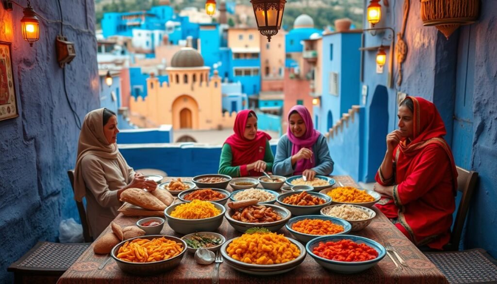 A vibrant scene of Chefchaouen's renowned cuisine, captured in a rustic, intimate setting. In the foreground, a table adorned with an array of colorful Moroccan dishes - tagines, couscous, and freshly baked breads, accompanied by an assortment of spices and herbs. The middle ground features locals in traditional garb, gathered around the table, engaged in lively conversation and savoring the flavorful delights. In the background, the iconic blue-hued buildings and monuments of Chefchaouen's old town create a stunning backdrop, bathed in warm, golden lighting that casts a cozy, inviting atmosphere. The overall scene conveys the rich culinary traditions and vibrant cultural essence of this enchanting Moroccan destination.
