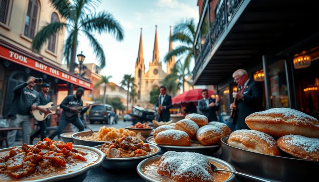 A vibrant scene of New Orleans cuisine, set against the backdrop of the city's iconic architecture. In the foreground, a lively display of Cajun and Creole dishes - steaming gumbo, succulent po' boys, and decadent beignets dusted with powdered sugar. The middle ground features musicians playing soulful jazz, their instruments bathed in warm, golden light. In the distance, the towering spires of St. Louis Cathedral rise, framed by lush, swaying palm trees. The atmosphere is one of Southern hospitality and culinary indulgence, inviting the viewer to immerse themselves in the rich flavors and cultural heritage of this renowned food destination.