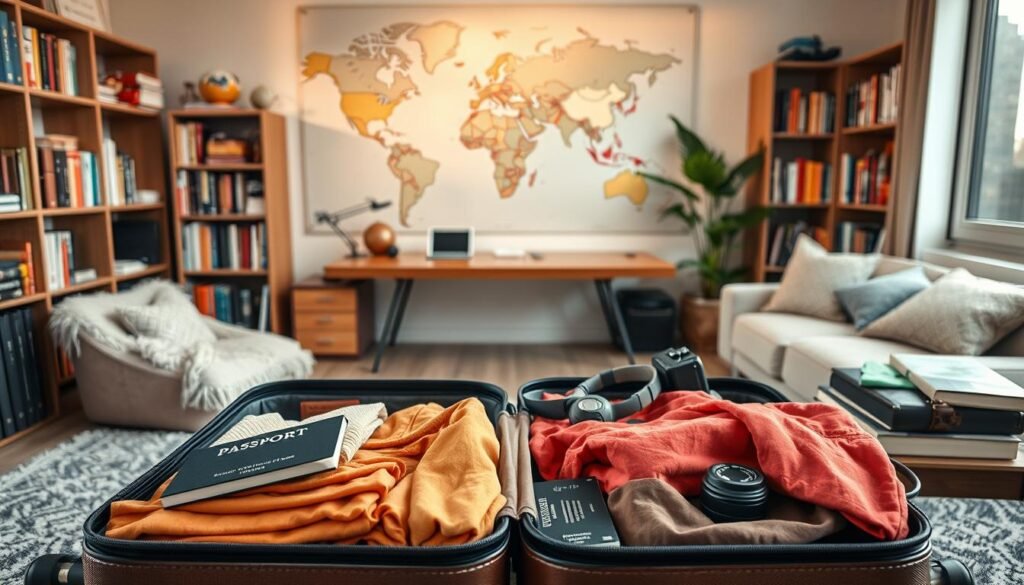 A vibrant scene of international travel preparation. In the foreground, a well-organized suitcase lies open, filled with neatly folded clothes in a color palette of warm neutrals and pops of rich jewel tones. Surrounding it, an array of essential travel items - passport, guidebooks, noise-cancelling headphones, and a sleek, modern camera. In the middle ground, a softly lit world map hangs on the wall, dotted with colorful push pins marking destinations. The background is a cozy yet sophisticated home office, with bookshelves lined with titles on culture and geography, and a large window overlooking a bustling city skyline. Soft, natural lighting filters through, casting a contemplative glow over the scene. An atmosphere of excited anticipation and careful preparation for an international adventure.