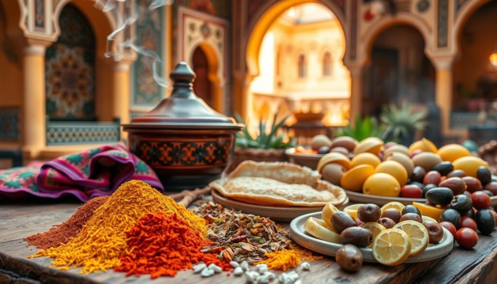 A vibrant still life showcasing the diverse flavors of Moroccan cuisine. In the foreground, an array of colorful spices - cumin, paprika, turmeric, and saffron - spill across a rustic wooden table. Behind them, a tagine pot emits aromatic steam, its rich, earthen tones contrasting with the vivid hues of a patterned textile draped nearby. In the middle ground, a selection of traditional Moroccan delicacies are arranged - flaky msemmen pastries, juicy grilled kebabs, and a platter of assorted olives and preserved lemons. The background features a glimpse of ornate Moroccan architecture, with intricate tile work and arched doorways hinting at the country's vibrant cultural heritage. Warm, diffused lighting bathes the scene, evoking the sun-drenched atmosphere of a Moroccan marketplace.