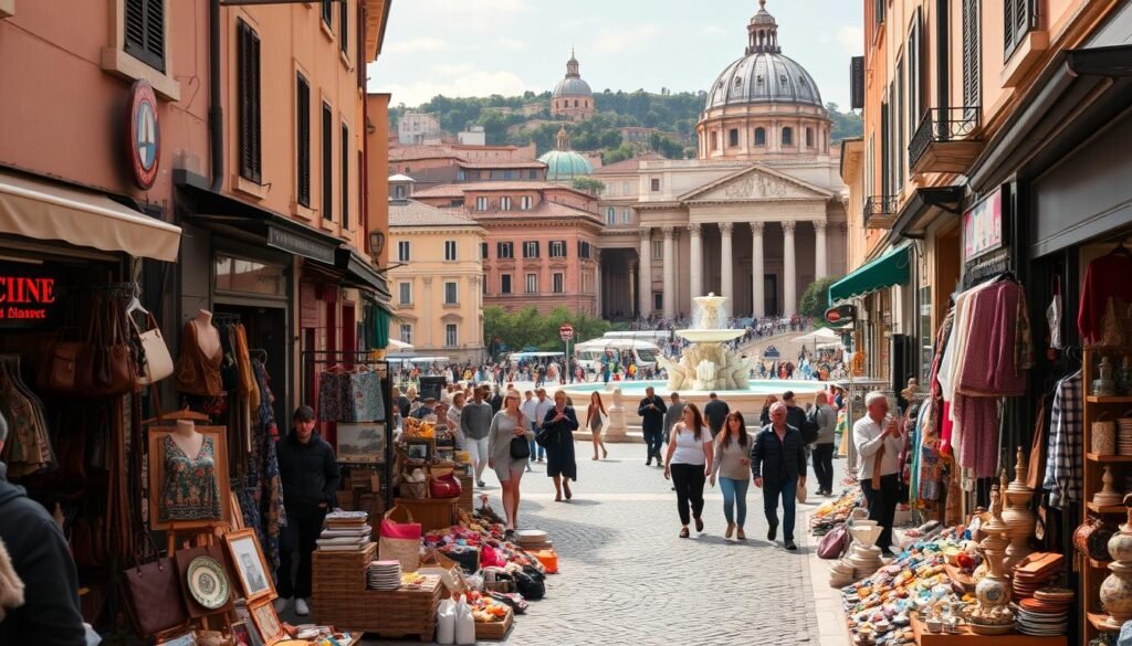 A vibrant street scene in the heart of Rome, bustling with locals and tourists alike, browsing the charming open-air markets and boutique shops. In the foreground, colorful displays of leather goods, handcrafted ceramics, and traditional Italian apparel draw the eye. Meandering through the narrow cobblestone alleys, the middle ground reveals iconic landmarks like the Trevi Fountain and the Pantheon, their grand architecture bathed in warm, golden sunlight. In the background, the hilly skyline is punctuated by the domes and spires of historic churches, creating a picturesque, quintessentially Roman atmosphere. The overall mood is one of lively energy, cultural richness, and the thrill of discovery, perfectly capturing the spirit of Rome's vibrant shopping district.
