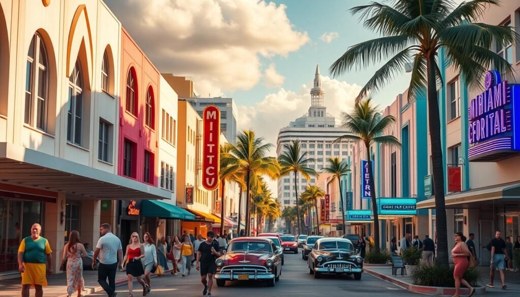 A vibrant, sun-drenched Miami Art Deco District, where pastel-hued buildings with curving facades and geometric designs line the bustling streets. In the foreground, people stroll along the sidewalks, dressed in stylish, colorful attire, while in the middle ground, classic vintage cars and palm trees dot the scene. The background features the iconic neon signs and illuminated landmarks that define this lively, cultural hub. The warm, golden lighting creates a lively, inviting atmosphere, capturing the fusion of art, architecture, and the vibrant Miami lifestyle.
