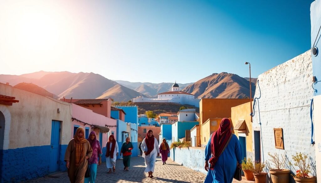 A vibrant, sun-drenched scene in the heart of Chefchaouen, Morocco's "Blue City". In the foreground, local residents donning traditional Moroccan attire - flowing djellabas, colorful scarves, and traditional babouche slippers - stroll along the picturesque, cobblestone lanes, surrounded by the iconic blue-painted buildings that the city is renowned for. In the middle ground, the grand Kasbah fortress stands tall, its whitewashed walls contrasting beautifully with the azure hues that dominate the cityscape. In the background, the lush, rugged peaks of the Rif Mountains provide a dramatic, natural backdrop, bathed in warm, golden sunlight. An atmosphere of tranquility and timelessness pervades the scene, inviting the viewer to immerse themselves in the captivating charm of this Moroccan gem.