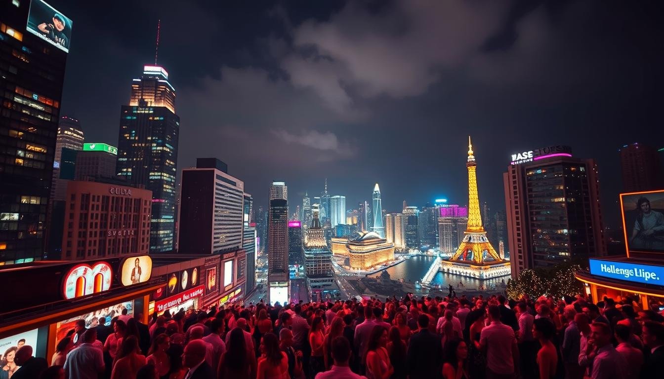 A vibrant tapestry of global nightlife hotspots, illuminated by the neon glow of bustling city streets. In the foreground, a crowd of revelers, dressed in their finest attire, dance and mingle beneath the dazzling lights of towering skyscrapers. The middle ground showcases iconic landmarks and monuments, their silhouettes silhouetted against a deep, inky sky. In the background, a panoramic view of the nighttime cityscape, with twinkling lights, glimmering waterways, and a pulsing energy that captivates the senses. The scene is captured through a wide-angle lens, with a cinematic, high-contrast aesthetic that conveys the infectious energy and electric atmosphere of the world's most vibrant nightlife hubs.