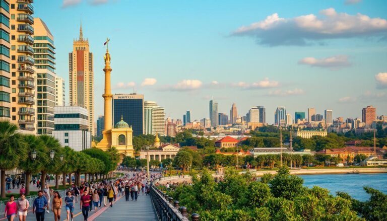 A vibrant urban cityscape where towering skyscrapers and bustling streets coexist harmoniously with lush greenery and serene waterways. In the foreground, pedestrians stroll along a promenade, their colorful attire and leisurely pace reflecting the city's laid-back vibe. Towering monuments and landmarks dot the middle ground, their intricate architectural details bathed in warm, golden light. In the background, a panoramic view of the city skyline, with modern high-rises and historic buildings nestled among verdant parks and gardens, creating a striking contrast between the built and natural environments. The overall atmosphere is one of balance, where the energy and dynamism of urban life seamlessly blends with the calming presence of nature.