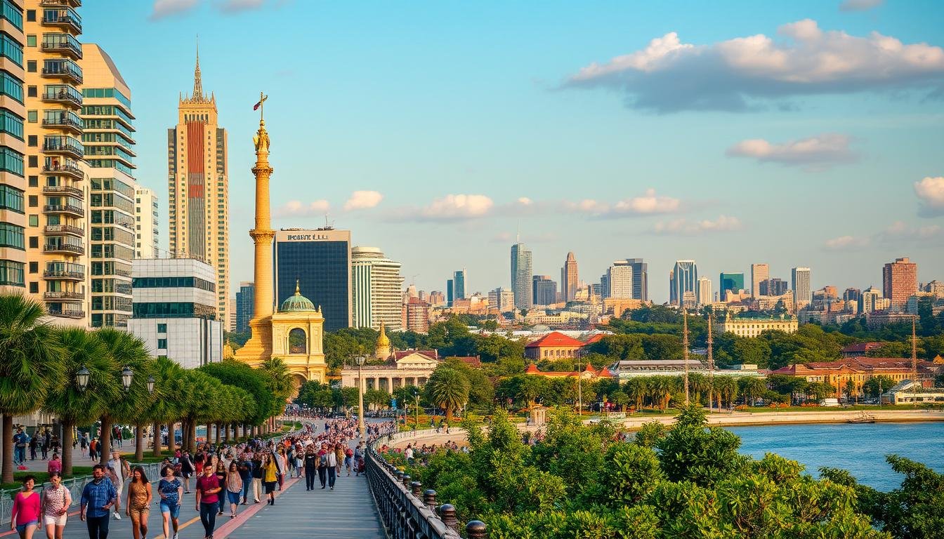 A vibrant urban cityscape where towering skyscrapers and bustling streets coexist harmoniously with lush greenery and serene waterways. In the foreground, pedestrians stroll along a promenade, their colorful attire and leisurely pace reflecting the city's laid-back vibe. Towering monuments and landmarks dot the middle ground, their intricate architectural details bathed in warm, golden light. In the background, a panoramic view of the city skyline, with modern high-rises and historic buildings nestled among verdant parks and gardens, creating a striking contrast between the built and natural environments. The overall atmosphere is one of balance, where the energy and dynamism of urban life seamlessly blends with the calming presence of nature.