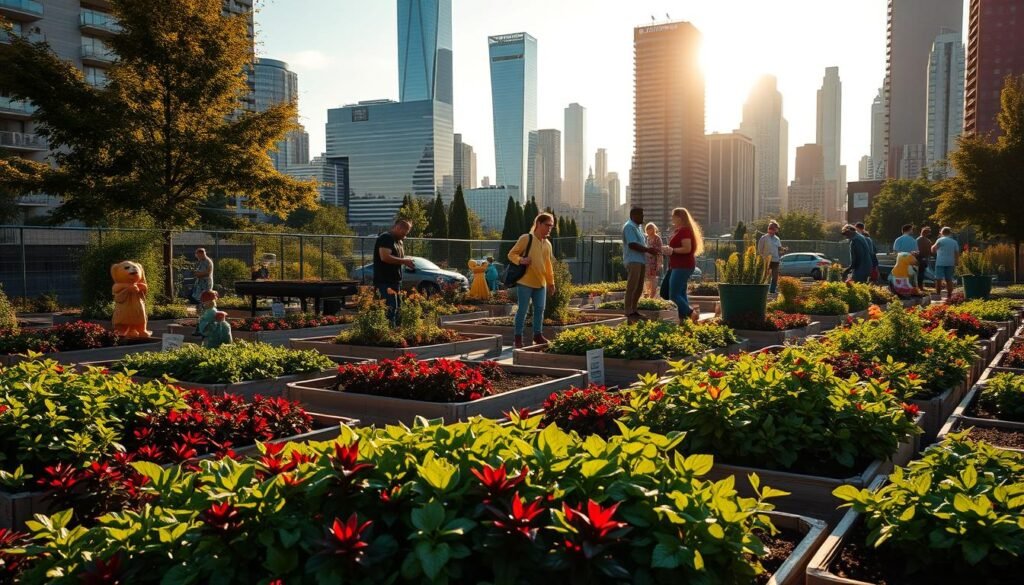 A vibrant urban community garden, bathed in warm afternoon light. In the foreground, neatly tended raised garden beds brimming with lush, verdant foliage - a tapestry of greens, reds, and purples. In the middle ground, a group of neighbors in casual, comfortable clothing tend to their plots, sharing laughter and knowledge. Colorful garden sculptures and whimsical monuments dot the landscape, reflecting the creative spirit of the community. Beyond, the striking silhouettes of skyscrapers and high-rises frame the scene, a harmonious blend of nature and urban life. The atmosphere is one of tranquility, purpose, and connection, a haven for those seeking to reconnect with the natural world amidst the bustling city.