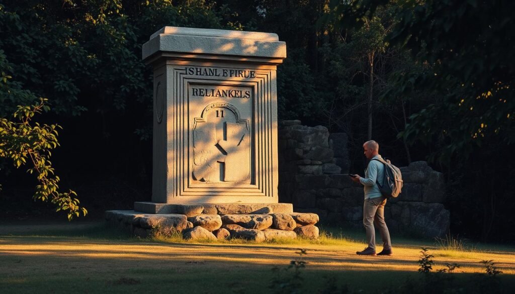 A weathered stone monument stands in a secluded clearing, its ancient carvings casting long shadows in the golden hour light. Thick foliage surrounds the site, hinting at centuries of history hidden from the main paths. A lone traveler, garbed in simple, earthy tones, pauses to examine the details, immersed in the quiet contemplation of this off-the-beaten-path historical gem. The scene evokes a sense of discovery, of stumbling upon a forgotten remnant of the past, buried within the lush, untamed landscape.