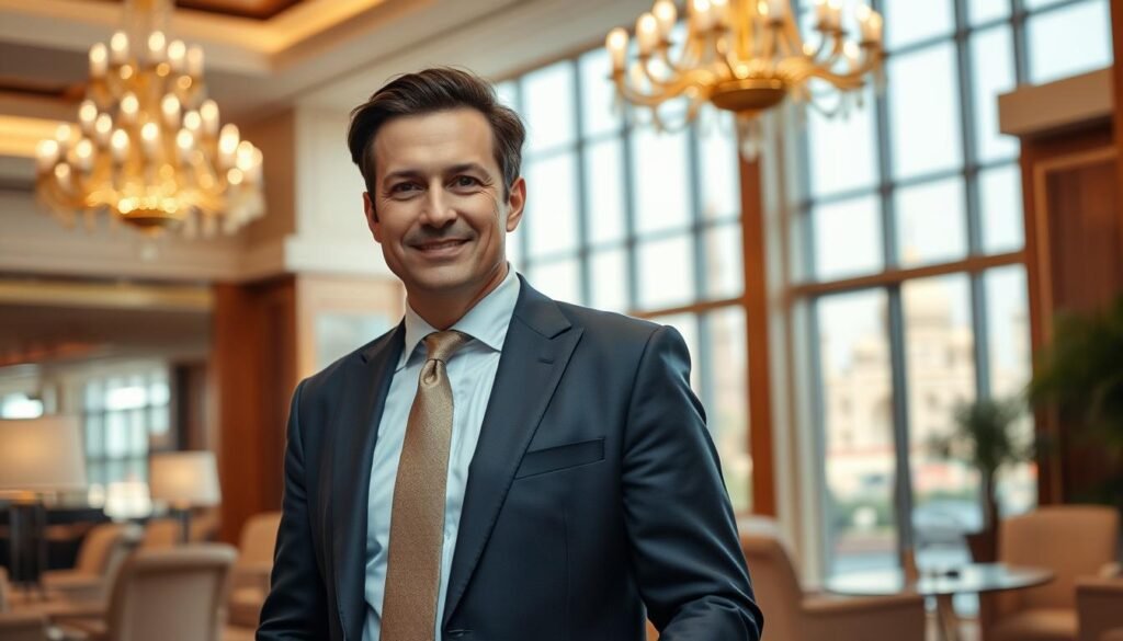 A well-dressed professional travel advisor stands in a luxurious hotel lobby, surrounded by elegant furnishings and chandelier lighting. The advisor's attire exudes a sophisticated and polished appearance, with a tailored suit, crisp shirt, and a silk tie. In the background, a stunning view of a renowned landmark, such as the Eiffel Tower or the Taj Mahal, can be seen through the large windows, hinting at the exotic destinations the advisor can recommend. The advisor's posture is confident and approachable, conveying a sense of expertise and personalized service. The overall atmosphere radiates a refined and exclusive ambiance, reflecting the high-end nature of luxury travel.