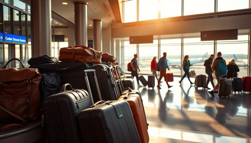 A well-lit, modern airport terminal, with a wide variety of travel luggage options artfully displayed in the foreground. Leather carry-on bags, sleek hardside suitcases, and colorful backpacks in a range of sizes and styles. The middle ground features travelers rushing by, their luggage trailing behind them. In the background, large windows offer glimpses of bustling tarmacs and the distant horizon. The lighting is warm and inviting, creating a sense of excitement and anticipation for the journeys ahead. The overall atmosphere is one of exploration, practicality, and stylish adventure.