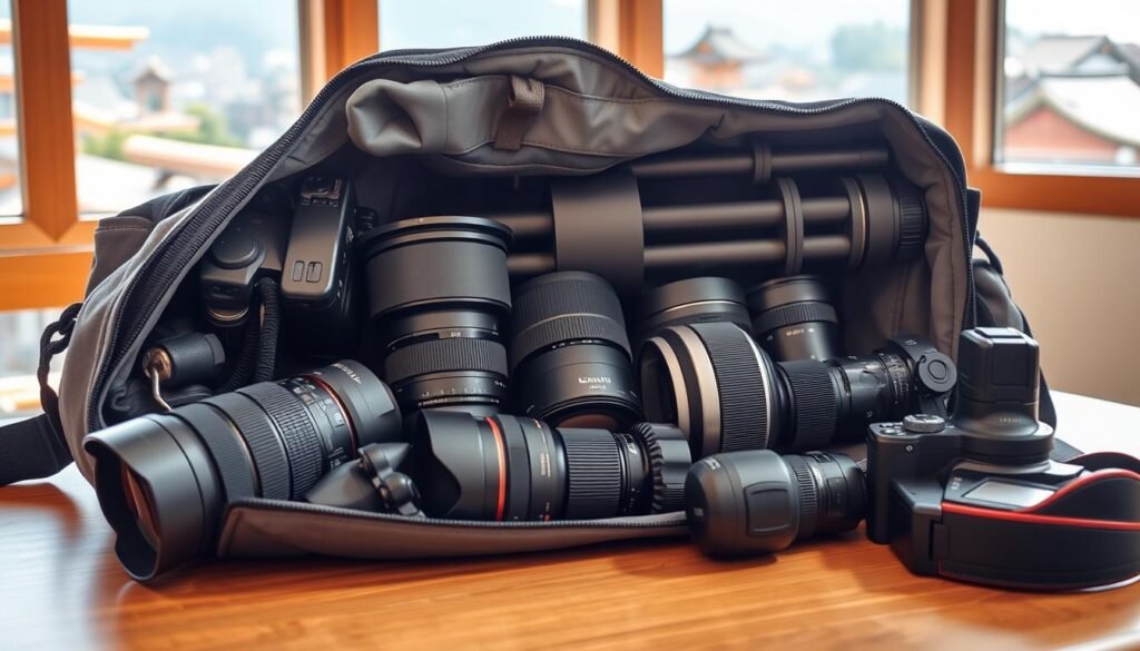 A well-stocked camera bag lies open on a wooden table, its contents spilling out - a professional DSLR body, an assortment of prime and zoom lenses, filters, a sturdy tripod, and a compact mirrorless camera. Sunlight streams through a window, casting a warm glow over the equipment. In the background, a glimpse of Kyoto's iconic pagodas and temples can be seen, hinting at the photographic opportunities that await the discerning photographer. The scene evokes a sense of anticipation and readiness for a day of capturing the timeless beauty of this historic Japanese city.