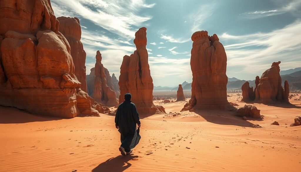 Agafay Desert rock formations: A dramatic landscape of towering sandstone monoliths, sculpted by wind and time, casting long shadows across the ochre sands. Sunlight filters through wispy clouds, illuminating the rugged textures and sharp angles of the weathered rock. In the middle ground, a lone Berber nomad strides purposefully, wrapped in a flowing indigo robe, a timeless figure amid the ancient geological formations. The background fades into a hazy horizon, the distant Atlas Mountains hinting at the untamed beauty of this remote corner of Morocco.