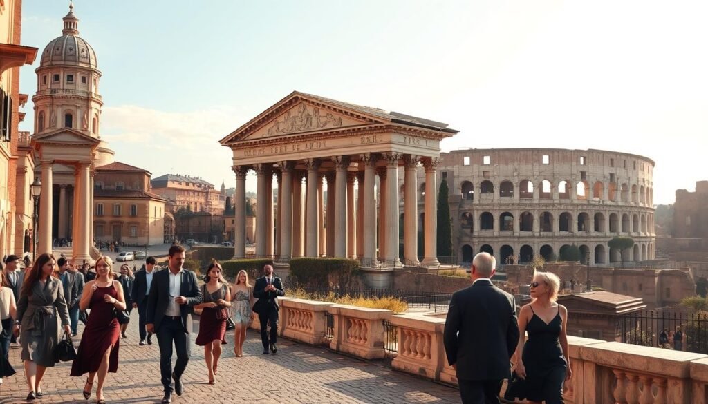 An ancient Roman cityscape, bathed in warm golden light, with iconic landmarks in the foreground, middle, and background. In the foreground, a group of elegantly dressed locals strolling along the cobblestone streets, gesturing animatedly as they converse. In the middle ground, the towering columns and domes of the Pantheon, its intricate architectural details casting soft shadows. Further back, the majestic silhouette of the Colosseum rises against a cloudless sky, its weathered walls a testament to the city's storied past. The scene exudes a sense of timeless wonder, inviting the viewer to step into the vibrant tapestry of Rome's historic grandeur.