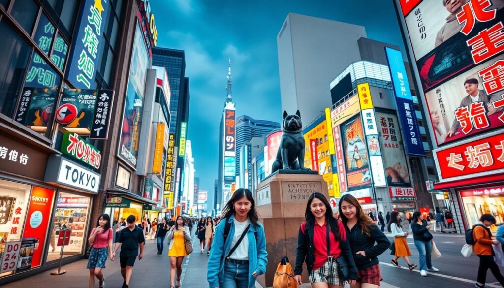 An energetic, dynamic cityscape of Tokyo's most iconic Instagram spots, bathed in vibrant hues. A busy sidewalk in the Shibuya district, with fashionable pedestrians in colorful outfits strolling past the towering Hachiko statue. In the foreground, a group of friends pose for selfies, their outfits reflecting the district's bold fashion sense. The middle ground showcases the neon-lit storefronts and signs of the famous Shibuya Crossing, creating a mesmerizing display of lights. In the background, the iconic Shibuya Scramble and the towering skyscrapers of the city's financial district loom, showcasing Tokyo's captivating blend of traditional and modern elements. The scene is captured with a wide-angle lens, creating a dynamic, immersive atmosphere that captures the energy and vibrancy of this captivating city.