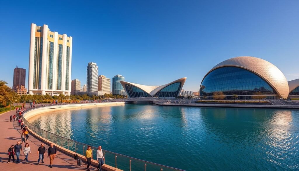 An expansive cityscape of Valencia's iconic City of Arts and Sciences, a stunning architectural marvel nestled along the sun-dappled shores of the Turia River. Towering, futuristic structures in shades of white and azure blue rise majestically, their curvaceous forms reflected in the tranquil waters below. In the foreground, pedestrians in casual, colorful attire stroll along the promenade, pausing to admire the grandiose symphony of modern design. The middle ground features the striking Palau de les Arts Reina Sofía opera house, its wave-like roof undulating gracefully against a cloudless azure sky. The background showcases the iconic Hemispheric, its giant, silver-domed eye gazing outward in contemplation. Warm, golden afternoon light bathes the entire scene, infusing it with a sense of wonder and timelessness.