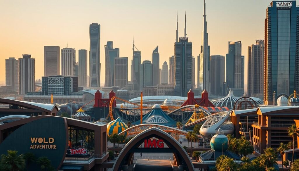 An expansive modern theme park set against a backdrop of towering skyscrapers, IMG Worlds of Adventure showcases a captivating blend of thrilling rides and immersive experiences. The foreground features a striking entrance arch framing the park's iconic logo, inviting visitors to step into a realm of boundless excitement. In the middle ground, a diverse array of rides and attractions stand tall, including towering roller coasters and exhilarating dark rides that promise heart-pounding thrills. The background is dominated by the iconic Dubai skyline, its sleek glass and steel structures casting long shadows over the park, creating a dynamic and futuristic atmosphere. The scene is bathed in warm, golden lighting, casting a sense of vibrant energy and adventure across the entire landscape.