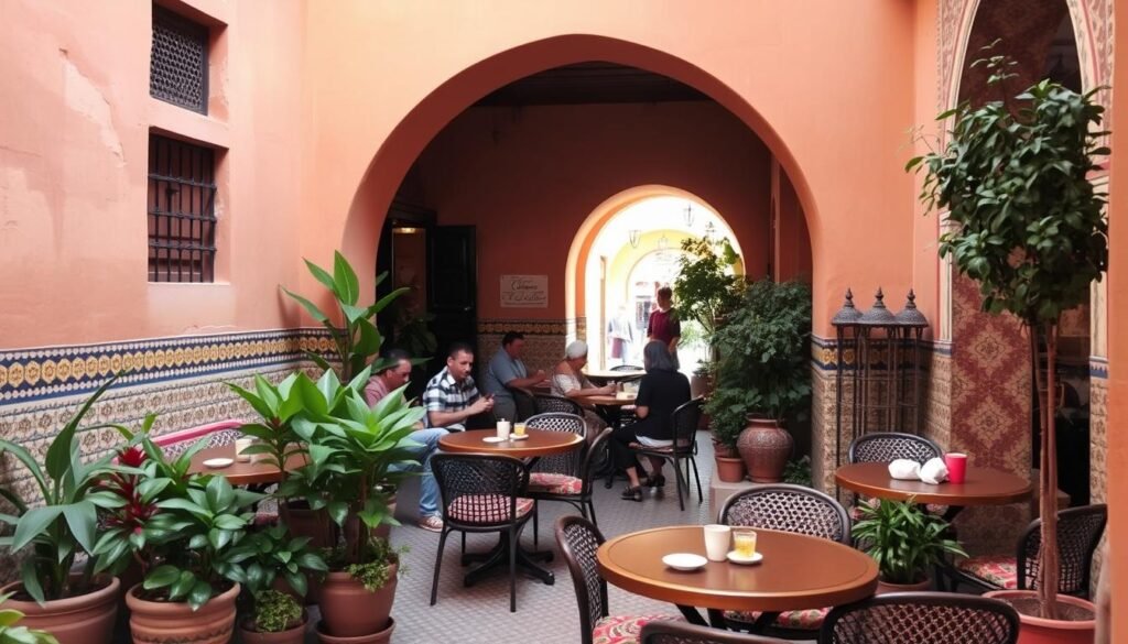 An intimate outdoor cafe nestled in the winding alleyways of Marrakech's old medina, with intricate tile work and warm ochre walls providing a timeless ambiance. Clusters of lush potted plants and colorful textiles adorn the cozy seating areas, where locals and travelers sip fragrant mint tea and savor traditional Moroccan delicacies. Soft natural light filters through the archways, casting a gentle glow and creating an atmosphere of tranquility and escape from the bustling souks nearby. The scene evokes the city's rich heritage and the charm of its hidden, off-the-beaten-path experiences.