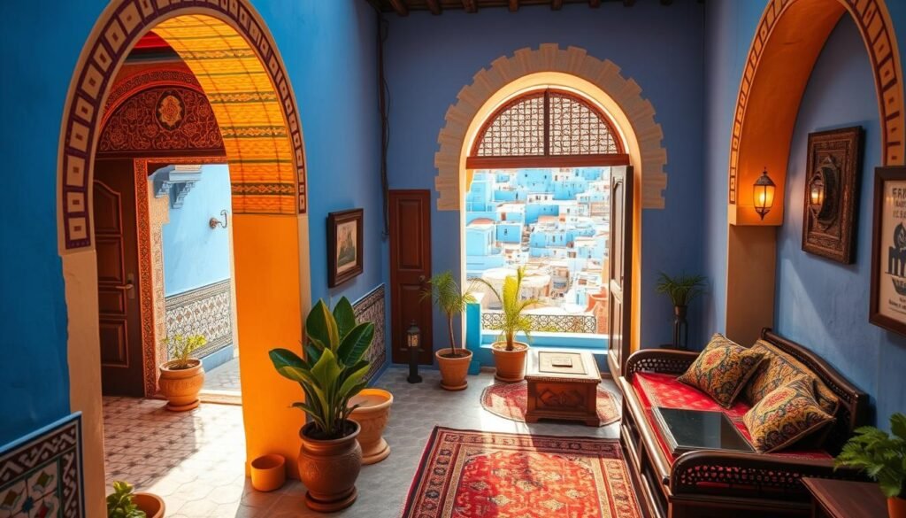 An intimate view of the charming Riad-style accommodations of Chefchaouen, Morocco's "Blue City". Warm sunlight filters through colorful arched doorways, illuminating the intricate Moorish architecture and vibrant blue-washed walls. In the foreground, a cozy courtyard featuring decorative tile work, potted plants, and comfortable seating invites visitors to relax. The middle ground showcases traditional Moroccan furnishings, such as ornate rugs, carved wooden furniture, and intricately patterned textiles. The background reveals a picturesque vista of the nearby medina, with its labyrinth of narrow, winding streets and blue-hued buildings. An atmosphere of tranquility and cultural authenticity pervades the scene, creating a welcoming and immersive experience for the discerning traveler.