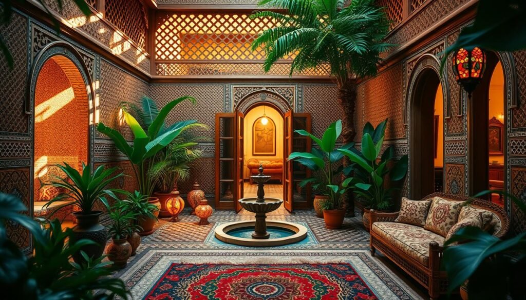 An intricately designed Marrakech riad, its central courtyard bathed in warm, golden light filtering through latticed arches. Ornate tile patterns cover the walls, complemented by intricately carved wooden furnishings. Lush potted plants and a bubbling fountain create a serene, inviting atmosphere. In the foreground, a plush, colorful rug beckons visitors to relax and take in the rich, vibrant ambiance. The middle ground features colorful, decorative Moroccan lanterns, casting a soft, ambient glow. In the background, an open archway leads to an adjacent room, hinting at the riad's layered, maze-like layout. The image evokes the hidden, immersive experience of discovering Marrakech's unique accommodations.