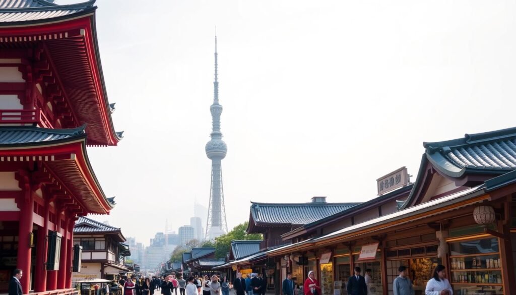 An ornate Sensoji temple stands proudly in the foreground, its crimson pagodas and intricate architectural details bathed in warm, golden light. In the middle ground, visitors in traditional Japanese attire stroll along the lively Nakamise-dori, browsing artisanal shops and sampling local delicacies. In the background, the iconic silhouette of the Tokyo Skytree rises against a backdrop of a hazy, azure sky, creating a striking contrast between ancient tradition and modern metropolis.