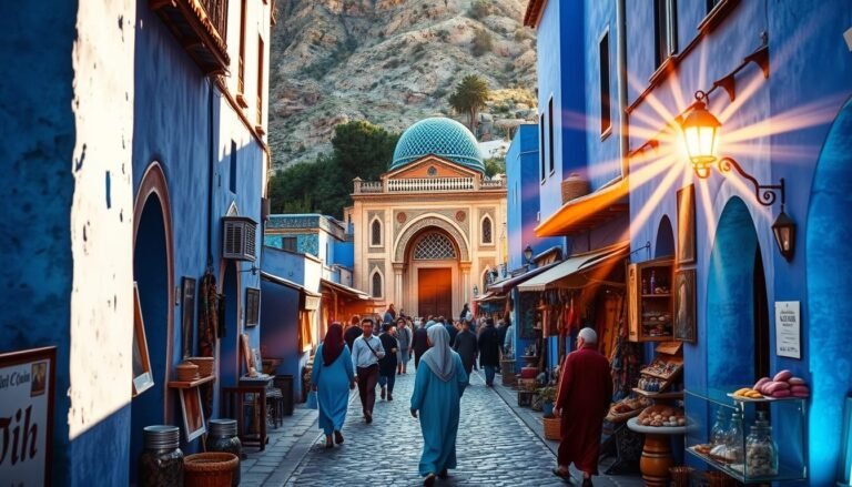 An ornate, ancient city nestled in the Rif Mountains of northern Morocco, Chefchaouen is a stunning vision in shades of blue. Imagine a quaint, winding medina with towering, indigo-hued walls, ornate archways, and charming, cobblestone streets. In the center, a grand, historic mosque with intricate, azure tilework stands as the heart of this enchanting, "Blue Pearl." Locals in traditional Moroccan garb stroll the lively marketplace, browsing vibrant displays of handcrafted textiles, leatherwork, and spices. Rays of warm, golden sunlight filter through the narrow alleyways, casting a serene, glowing ambiance over the entire scene. This captivating, dreamlike city, nestled amidst rugged mountain peaks, embodies the essence of Morocco's rich cultural heritage and natural beauty.
