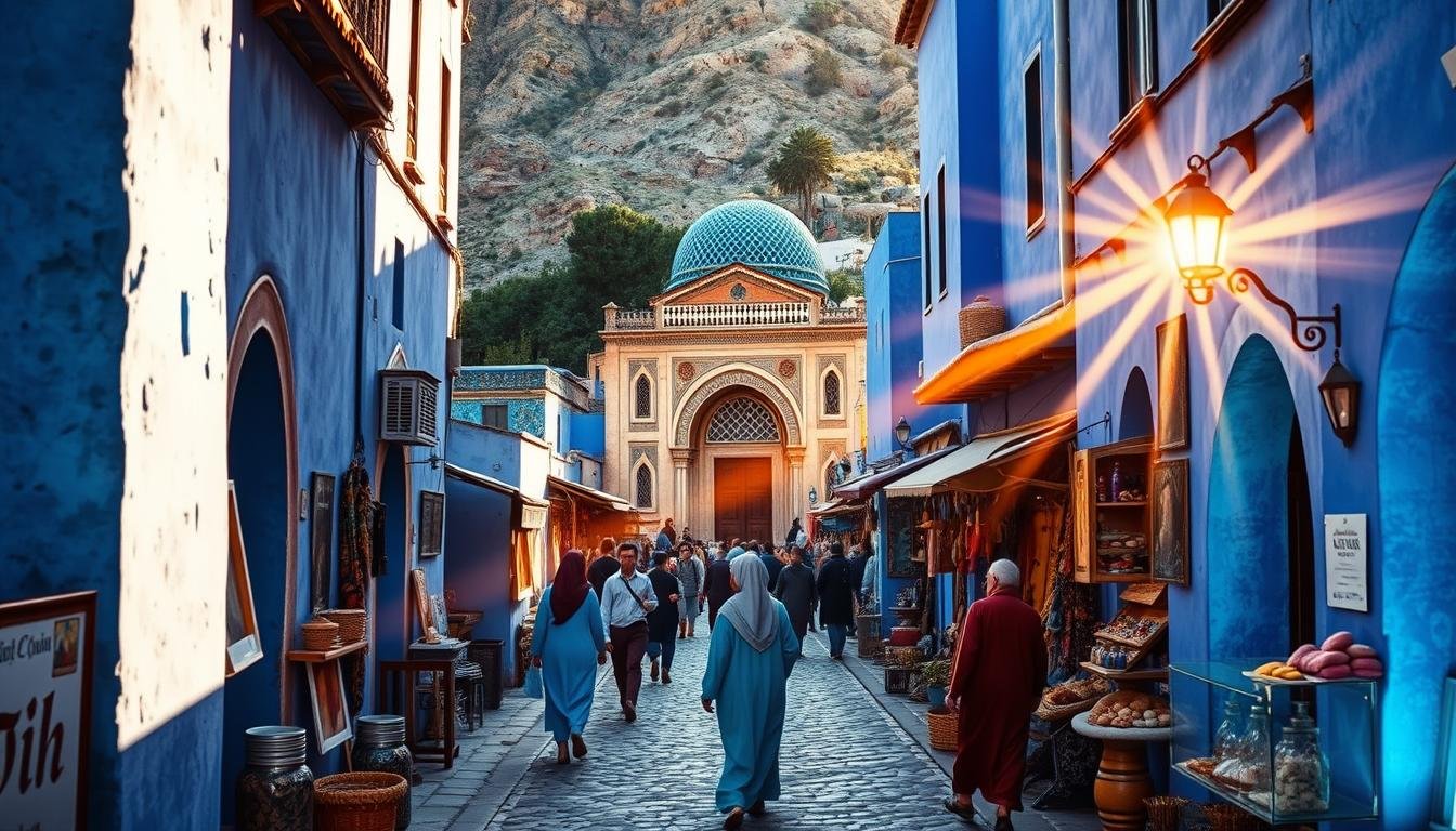 An ornate, ancient city nestled in the Rif Mountains of northern Morocco, Chefchaouen is a stunning vision in shades of blue. Imagine a quaint, winding medina with towering, indigo-hued walls, ornate archways, and charming, cobblestone streets. In the center, a grand, historic mosque with intricate, azure tilework stands as the heart of this enchanting, "Blue Pearl." Locals in traditional Moroccan garb stroll the lively marketplace, browsing vibrant displays of handcrafted textiles, leatherwork, and spices. Rays of warm, golden sunlight filter through the narrow alleyways, casting a serene, glowing ambiance over the entire scene. This captivating, dreamlike city, nestled amidst rugged mountain peaks, embodies the essence of Morocco's rich cultural heritage and natural beauty.