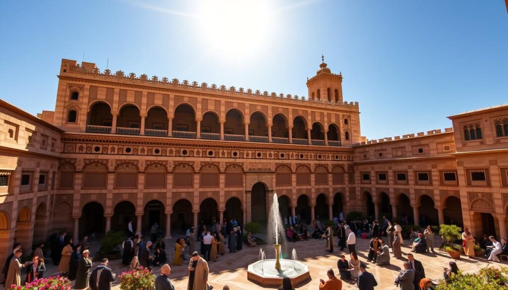 An ornate, multi-story stone structure with intricate carvings and arched doorways stands majestically against a backdrop of clear blue skies. Sunlight streams through the windows, casting a warm, golden glow over the courtyard below, where scholars in traditional Moroccan robes gather in small groups, engaged in lively discussions. The sound of fountains and the scent of fragrant flowers fill the air, creating an atmosphere of tranquility and intellectual pursuit. This is the Al-Qarawiyyin University, a revered spiritual and cultural center at the heart of the historic city of Fez, Morocco.