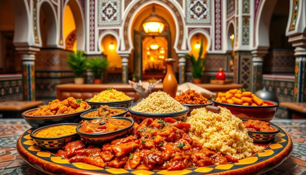 Authentic Moroccan dishes arranged on a traditional ceramic platter, featuring a vibrant array of tagines, couscous, and other regional specialties. The scene is set against a backdrop of intricate Moroccan architectural elements, with ornate arches, colorful tiles, and warm, golden lighting casting a cozy, inviting atmosphere. In the foreground, the vibrant hues of saffron, cumin, and paprika-infused dishes create a visually stunning display, reflecting the diverse flavors and culinary traditions of Morocco's distinct regions. The image captures the essence of the "Regional Variations in Moroccan Cuisine" and invites the viewer to explore the rich, multifaceted nature of this captivating culinary landscape.
