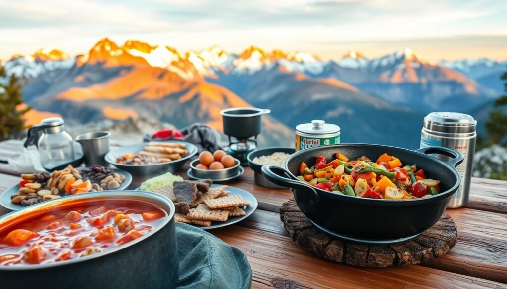 Backpacking Meal Ideas: A Flavorful Trail Feast A rustic wooden table, adorned with an array of backpacking-friendly meal options. In the foreground, a steaming pot of hearty stew, its rich aroma mingling with the crisp mountain air. Beside it, a platter of trail mix, dried fruits, and energy bars, ready to fuel the hiker's journey. In the middle ground, a well-seasoned cast-iron skillet sizzles with a colorful medley of sautéed vegetables, while a compact camping stove provides the warmth. Backpacking cookware, such as a compact mess kit and a lightweight water filter, lend an adventurous touch to the scene. The background is framed by a stunning landscape of towering peaks, their snow-capped summits catching the golden glow of the setting sun. The image evokes a sense of tranquility and self-reliance, as the backpacker prepares a nourishing and delicious meal amidst the grandeur of the great outdoors.