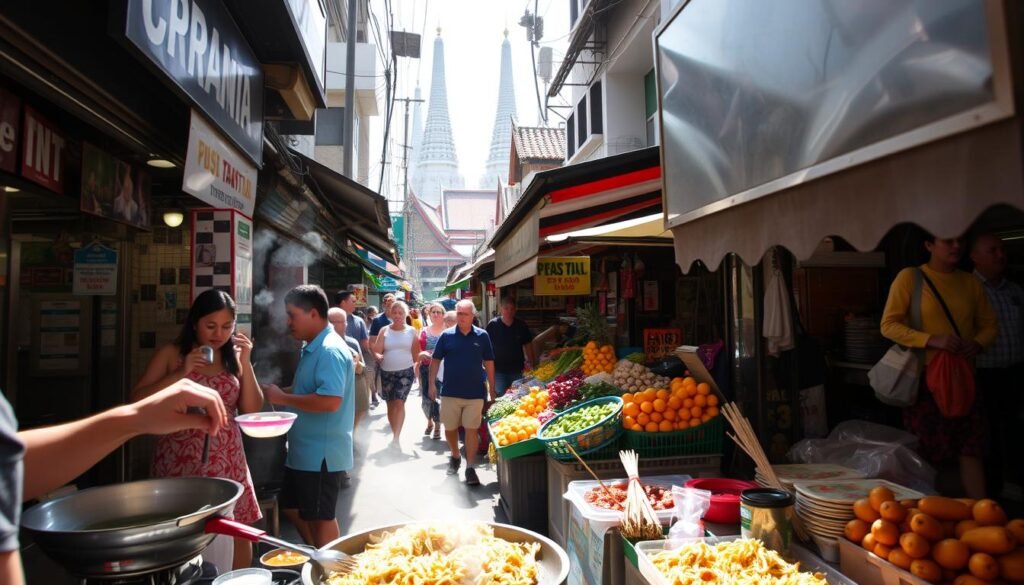 Bustling Bangkok street, sun-drenched alley lined with vibrant food stalls. Sizzling woks, fragrant spices, and colorful produce fill the air. Locals and tourists mingle, sampling skewered meats, noodle dishes, and exotic fruits. In the foreground, a vendor skillfully prepares pad thai, the aroma wafting through the narrow passage. In the middle ground, a colorful market stall overflows with tropical fruits and vegetables. In the background, the iconic spires of a Buddhist temple peek out, providing a cultural backdrop to this sensory feast. Bright, natural lighting illuminates the scene, capturing the energy and essence of Bangkok's celebrated street food culture.