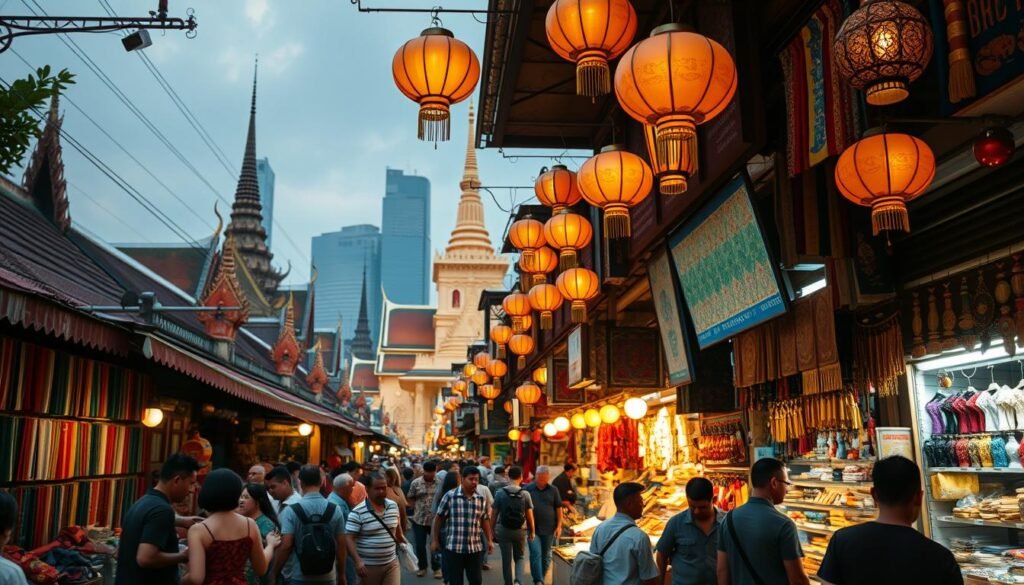 Bustling market stalls in Bangkok's vibrant Chinatown, a kaleidoscope of colors and aromas. Vibrant fabrics, intricate handicrafts, and unique trinkets displayed under the warm, golden glow of lanterns. Shopkeepers haggle with locals and tourists alike, creating a lively, immersive experience. In the background, iconic Buddhist temples and skyscrapers stand tall, a juxtaposition of old and new. Capture the essence of this eclectic shopping haven, framed by dynamic, cinematic lighting and a wide-angle lens to showcase the depth and energy of this one-of-a-kind Bangkok locale.